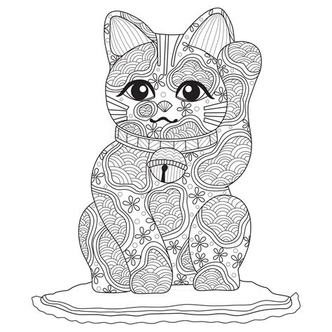 Maneki Neko The Lucky Cat Hand Drawn For Adult Coloring Book Vector Art At Vecteezy