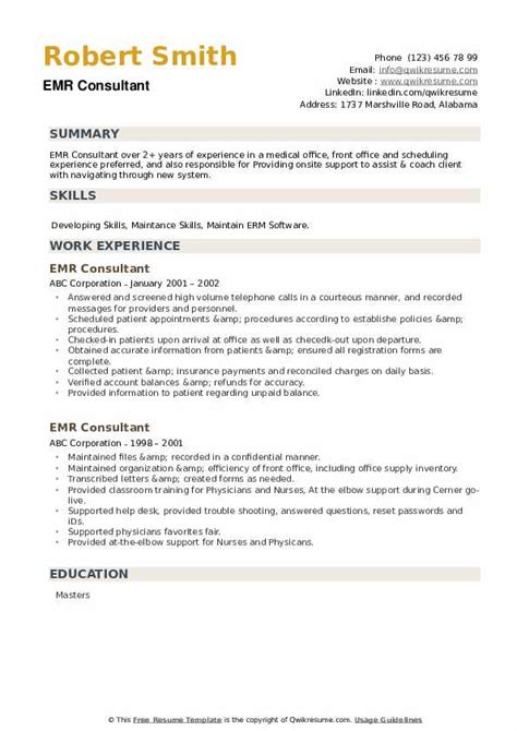 It consultant resume examples & samples. EMR Consultant Resume Samples | QwikResume