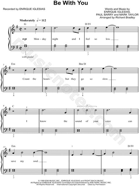 Enrique Iglesias Be With You Sheet Music Easy Piano In G Major