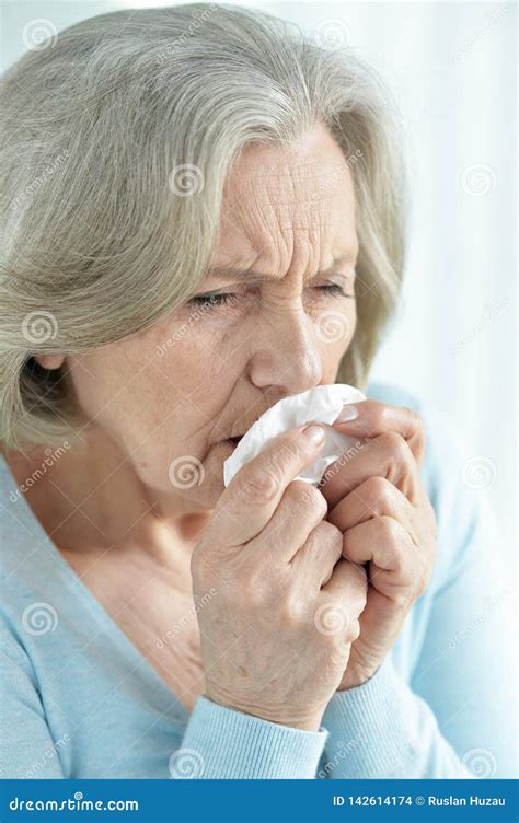 Close Up Portrait Of Ill Senior Woman Coughing Stock Photo Image Of