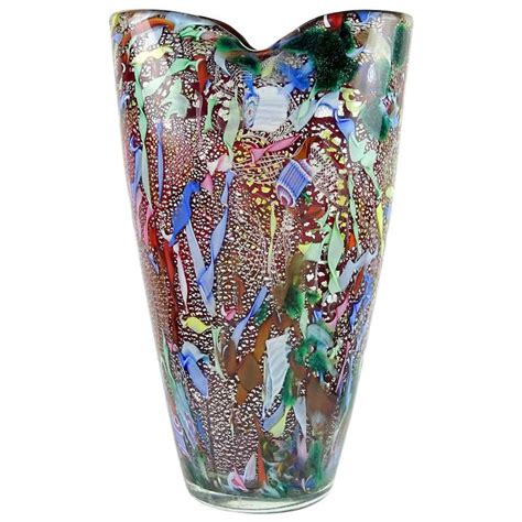 A Ve M Murano Red Millefiori Silver Flecks Ribbon Italian Art Glass Flower Vase At 1stdibs