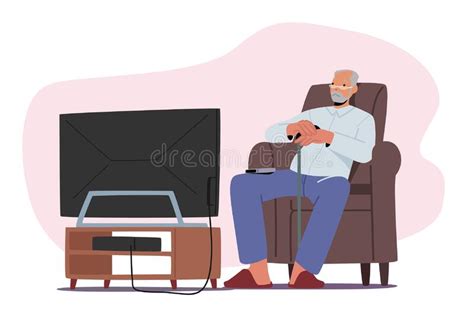 Old Man Watch Tv Senior Male Character Sitting On Comfortable Armchair