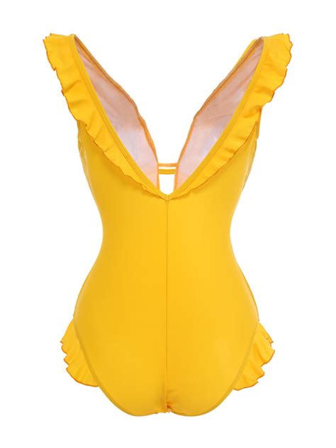 Yellow V Neck One Piece Swimsuit Retro Stage Chic Vintage Dresses