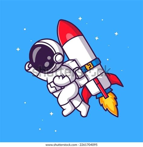 Vektor Stok Cute Astronaut Flying Rocket Space Cartoon Tanpa Royalti