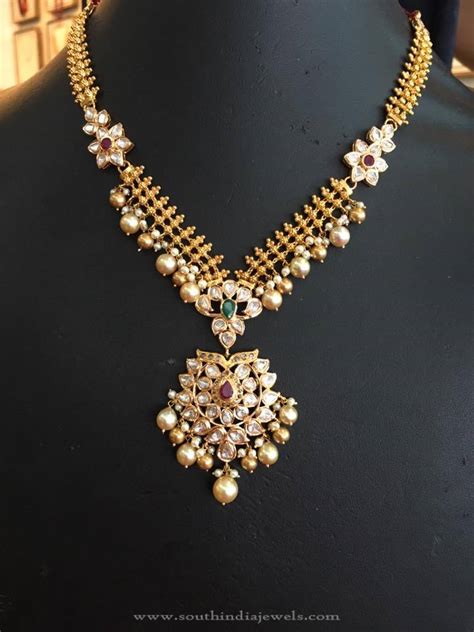 22k Gold Stone Necklace With Pearls South India Jewels