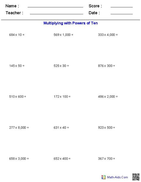 Multiplying With Powers Of Ten Worksheets Multiplication Math