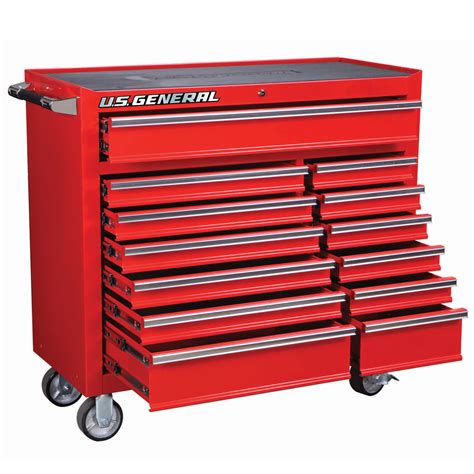 Our range of top boxes and roller cabinets are all fitted with lid opening gas struts, ball bearing runners, one open drawer feature and heavy duty castors. Roller Cabinet - 44" Red Rolling Tool Cabinet w/ 13 Drawers