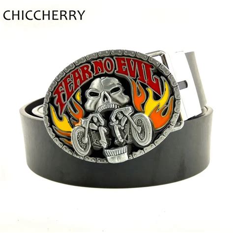 Mens Big Oval Buckle Leather Belts Fear No Evil Flame Motorcycle Skull
