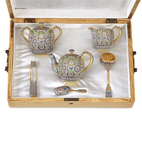 Russian Cloisonné Enamel Tea Set Ms Rau