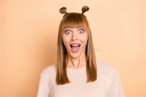 Photo Of Charming Excited Funny Girl Look Camera Open Mouth Wear T