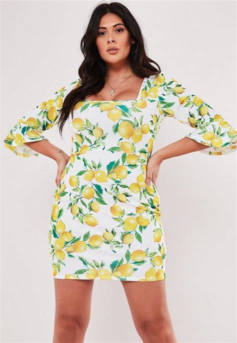 Plus Size Yellow Lemon Print Frill Sleeve Mini Dress Missguided