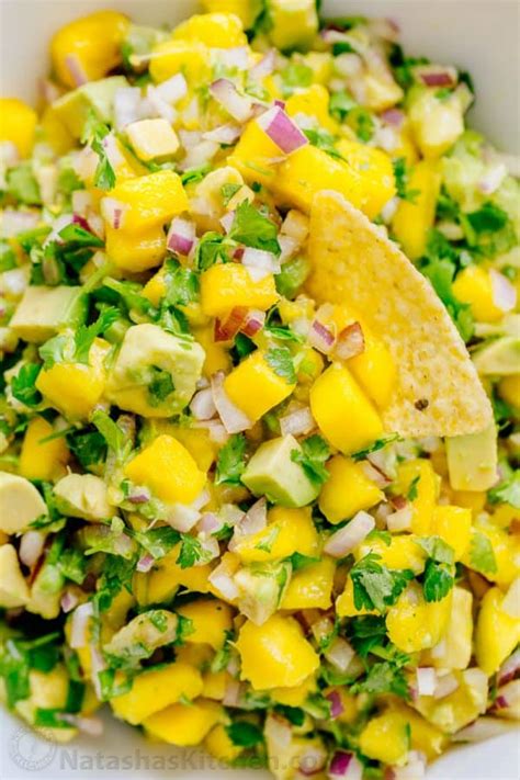 2 mangos, cut into small chunks 1 shallot (red onion), cut into small pieces 1 small garlic clove, minced 1 fresh jalapeno (cut in half, remove seeds and white veins to remove heat and chop into very small pieces). Mango Salsa with Avocado - NatashasKitchen.com