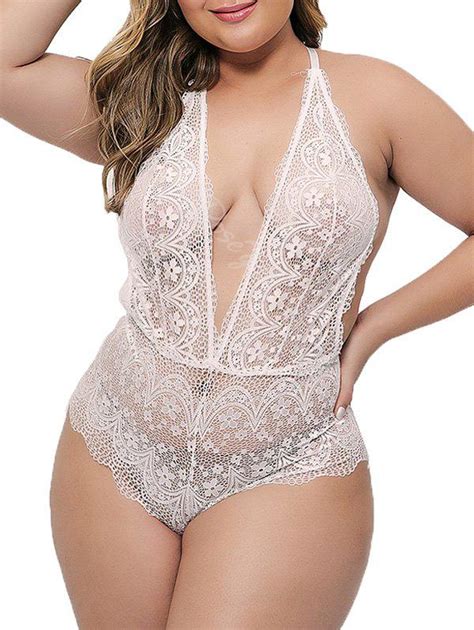 45 OFF Scalloped Backless Lace Plus Size Teddy Rosegal