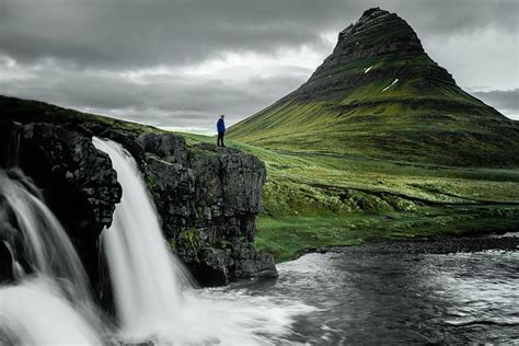 Free Download Man Standing Waterfalls Daytime Nature Landforms