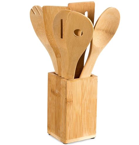 Bamboo Cooking And Serving Utensils 6 Piece Set With Holder Premium