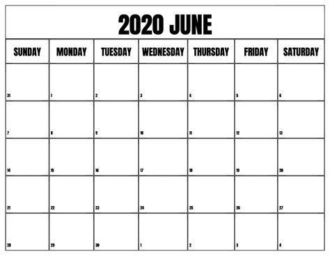 June 2020 Calendar Blank Printable Template Free Printable Blank