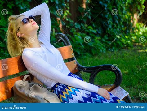 Dream Vacation Woman Blonde With Sunglasses Dream About Vacation Take Break Relaxing In Park