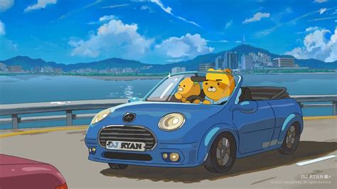 Two Cartoon Characters Are Driving In A Blue Car