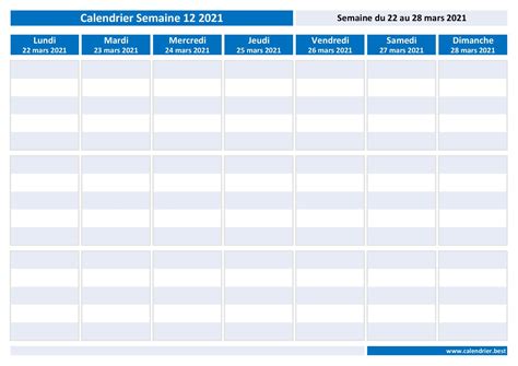 Semaine 12 2021 Dates Calendrier Et Planning Hebdomadaire à Imprimer