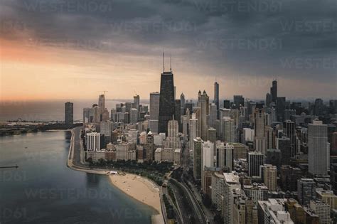 Aerial View Of Chicago Skyline Over Lake Michigan At Sunset Chicago