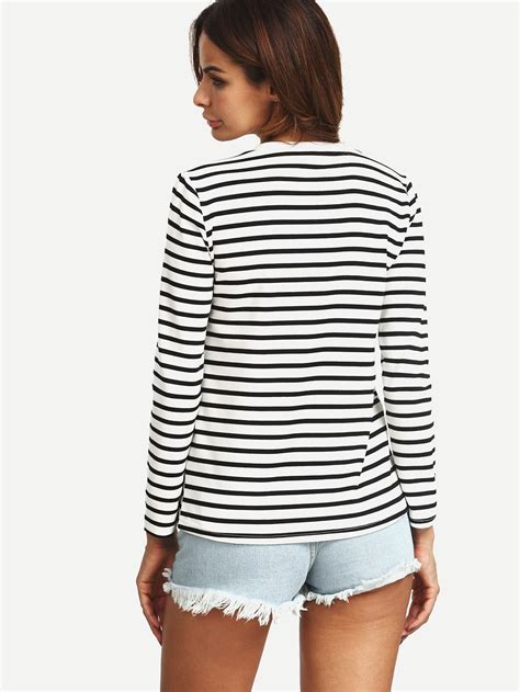 White Black Long Sleeve Striped T Shirtfor Women Romwe