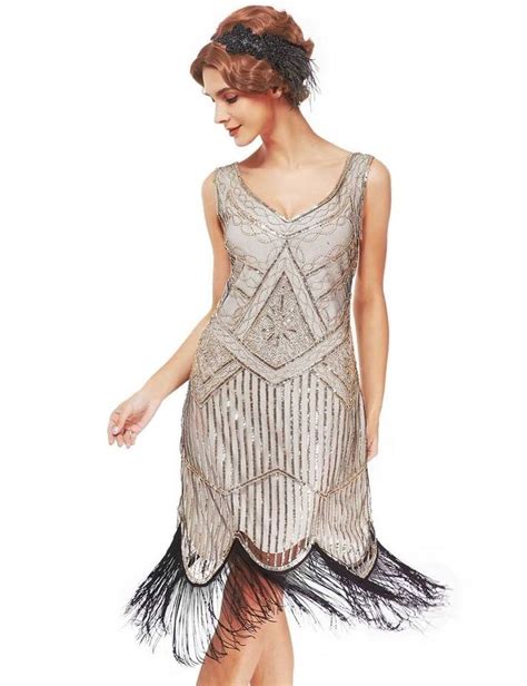 Womens Roaring 20s V Neck Gatsby Dresses Vintage Inpired Fashion