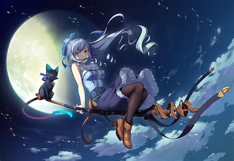 Hd Wallpaper Cat Girl Night The Moon Witch Broom Anime Games