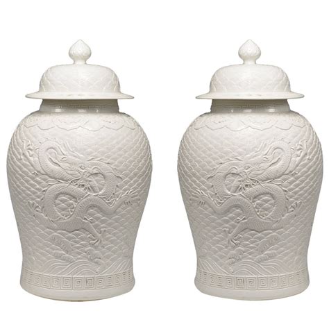 Pair Of Well Carved Blanc De Chine White Porcelain Jars With Covers At