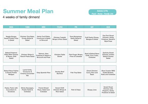 Free Printable 4 Week Meal Plan For Summer Meal Planning How To Meal Plan Organisation