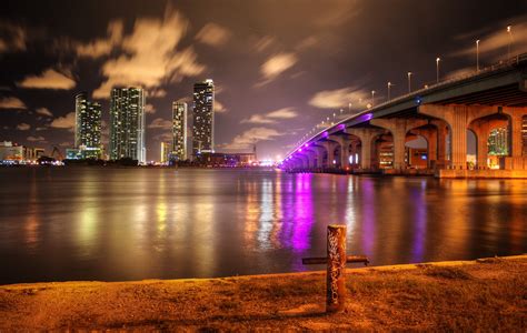 Beach Bridge Cities Florida Marina Miami Monuments Night