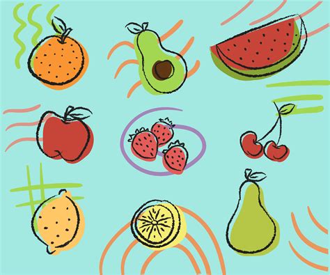 An Illustration Of Fruits And Vegetables On A Blue Background With