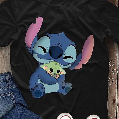 Stitch hug baby yoda cute funny meme t-shirt Lilo & Stitch | Etsy