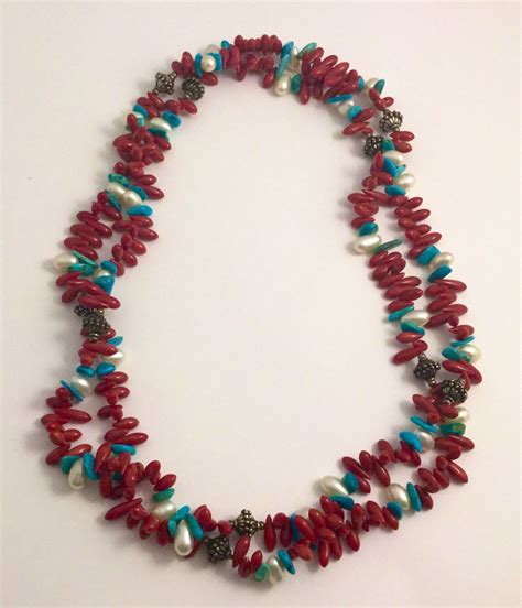 Genuine Natural Red Coral Turquoise And Pearl Necklace Etsy In 2021