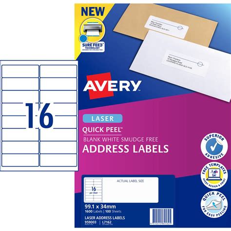 Avery 959003 Quick Peel White Address Labels With Sure Feed Laser 16up
