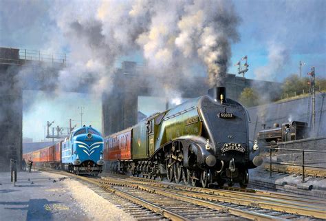 Painting Of A Deltic Diesel And A4 Pacific Leaving London Train