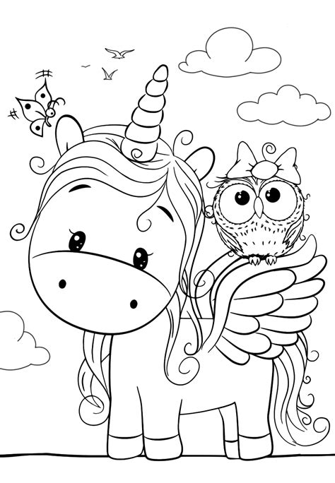Cute Unicorn With An Owl Coloring Pages For You