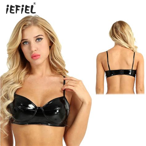 Sexy Lingerie Women Wetlook Faux Leather Bra Top Latex Bralette Dancer