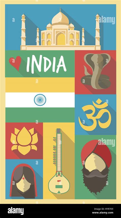 Retro Drawing Of India Cultural Symbols On A Poster And Postcard Stock