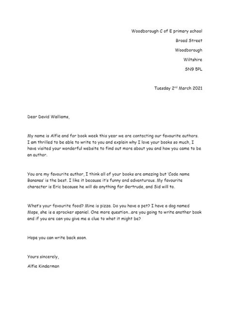 Letters To Our Favourite Authors Woodborough Primary School