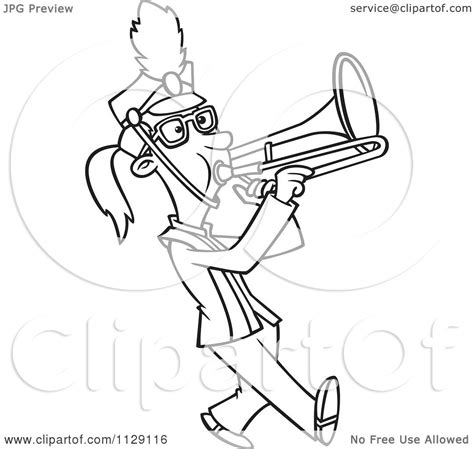 Cartoon Of An Outlined Marching Band Trombone Player Girl Royalty