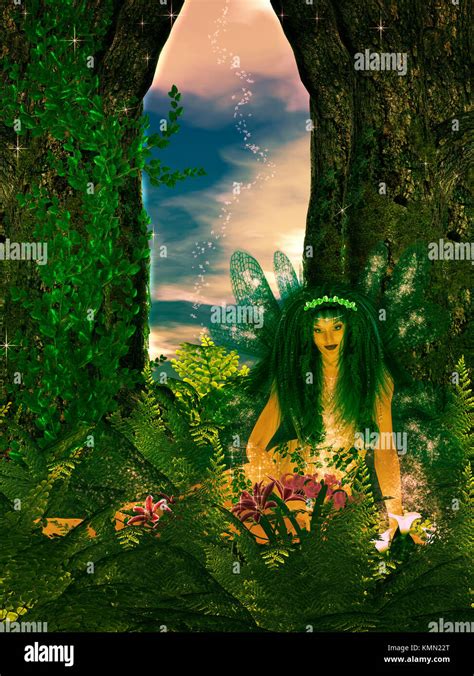 Fairy In The Enchanted Forest Recharging Her Magical Powers Stock Photo
