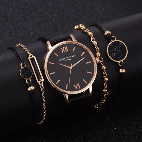 5pcs set women s luxury leather band analog quartz wrist watch