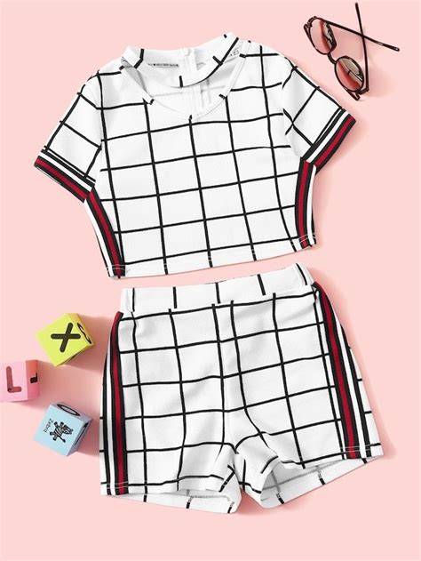 Shein Girls Cutout Neck Striped Side Grid Top And Shorts Set Short Sets Stripes Fashion Two