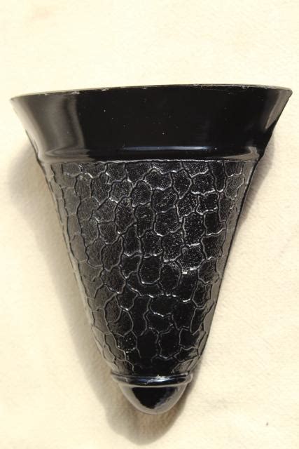 Art Deco Ebony Black Glass Wall Pocket Vases Pair Vintage Imperial Crackle Pattern Glass