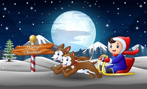 Premium Vector Cartoon Boy Riding Sled On The Downhill Pulled By Two Dogs