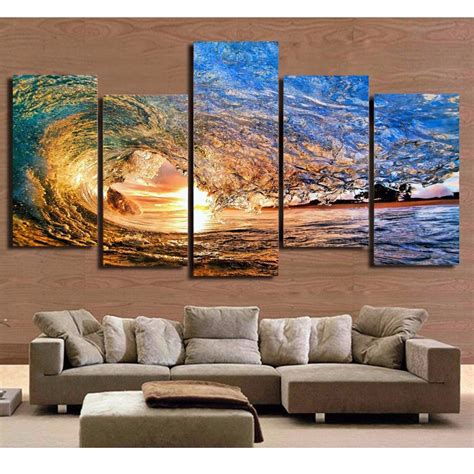 Ocean Sea Wave Sunset Seascape 2 Nature 5 Panel Canvas Art Wall Decor