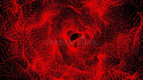 Red Abstract Surfaces Of Particles Slowly Moving On A Black 3d