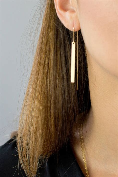 Gold Bar Threader Earrings Long Dangle Earrings Dainty Bar Etsy