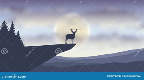 Deer At Full Moon Mystic Nature Landscape Stock Vector Illustration