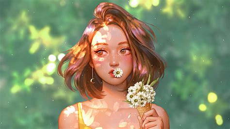 Girl With Daisy Flowers Wallpaperhd Artist Wallpapers4k Wallpapers